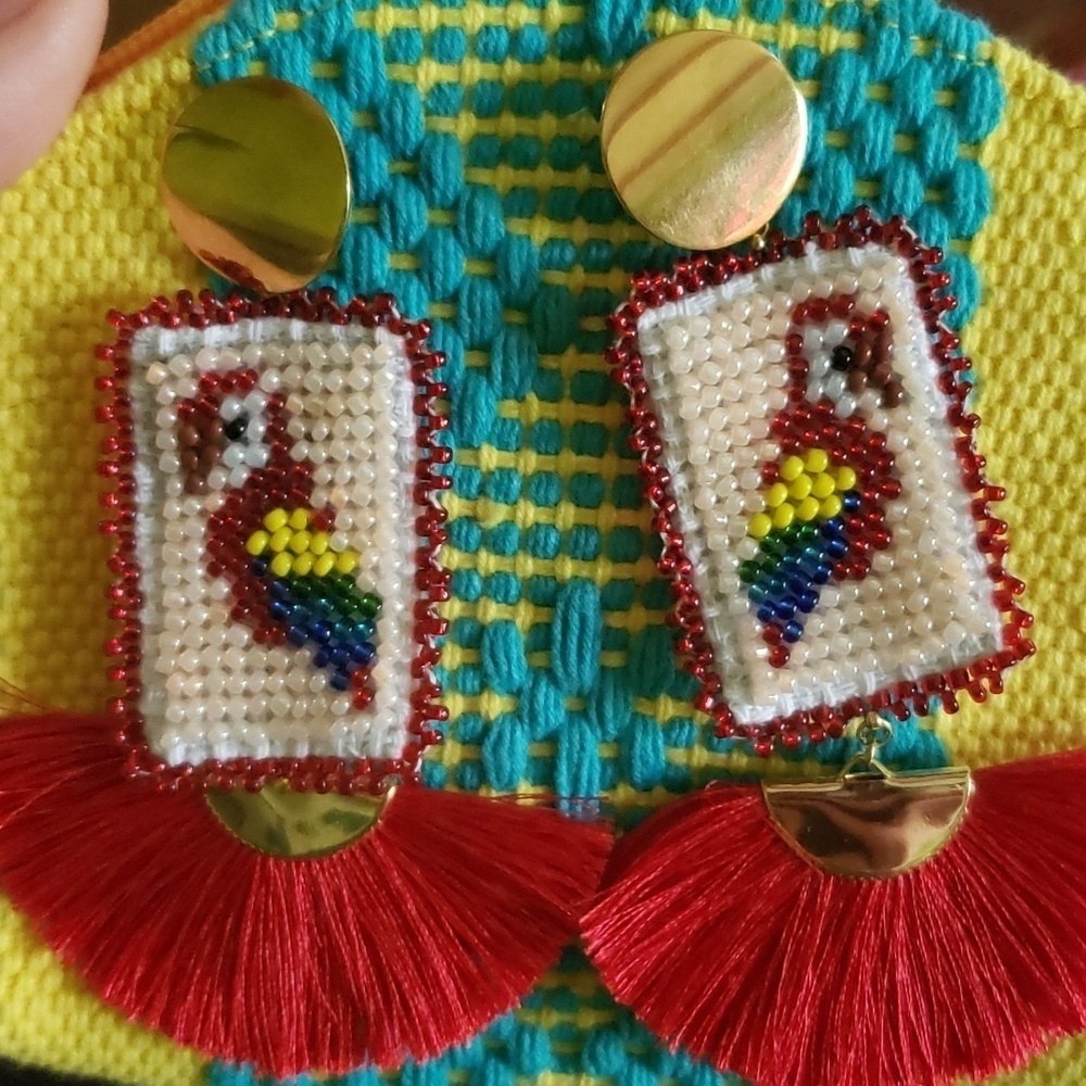 Beautiful handmade beaded chaquira tropical macaw guacamaya earrings